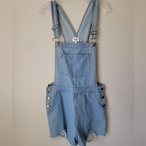 Bibi Anthropologie Denim Shortall Overall Distressed fringe